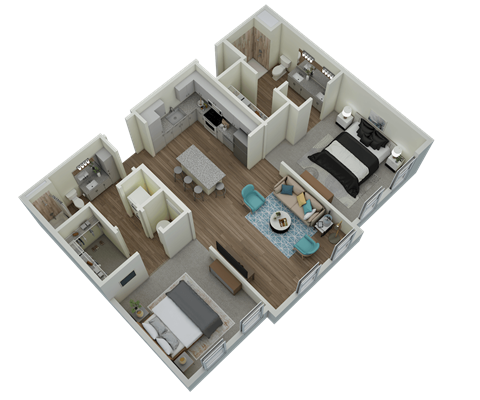 Unit B1 2-bedroom, 2-bath 1,070 sqft 3D floor plan at Canopy Park Apartments, Alabama